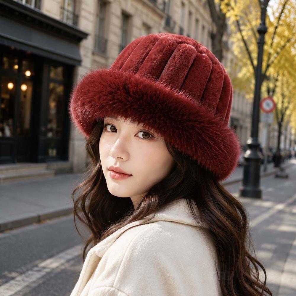 Faux Fur Brim Puffy Bucket Cap Vertical Texture Plush Trapper Hats Fluffy Winter Bonnet Students