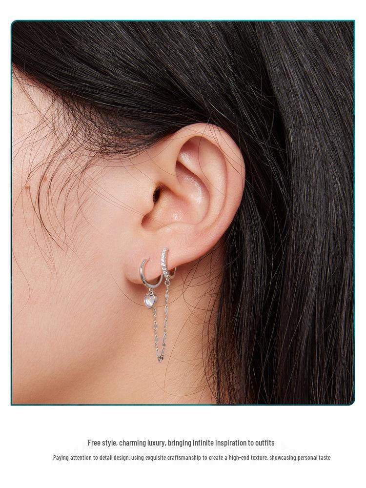 Avle Стерлинговое серебро S925 Цепочка с лунным камнем в форме сердца Двойные серьги-каффы для ушей BSE809