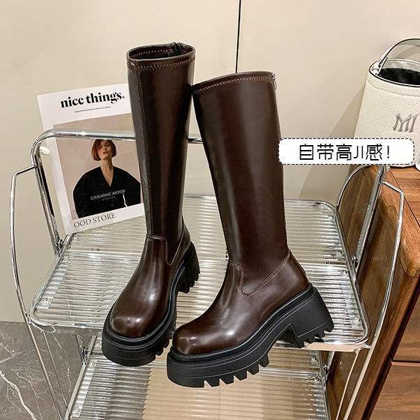 Черные ботинки на толстой подошве для увеличения роста для женщин, но ботфорты до колена, толстый каблук для невысоких мужчин, длинный голенище, тонкие ботинки, нескользящие.