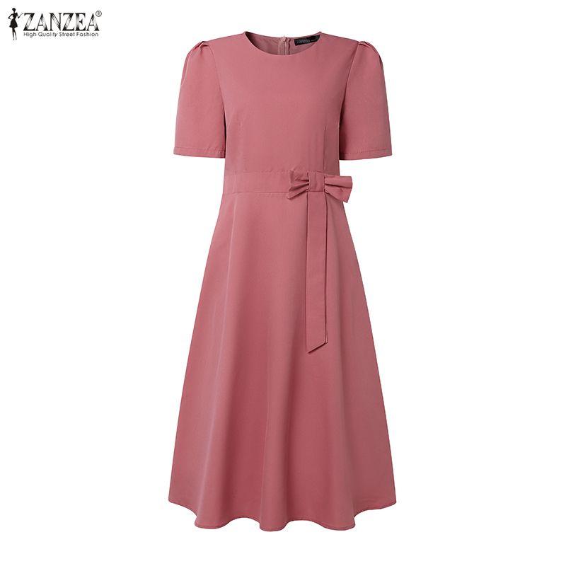 ZANZEA Женское повседневное летнее платье с круглым вырезом и коротким рукавом