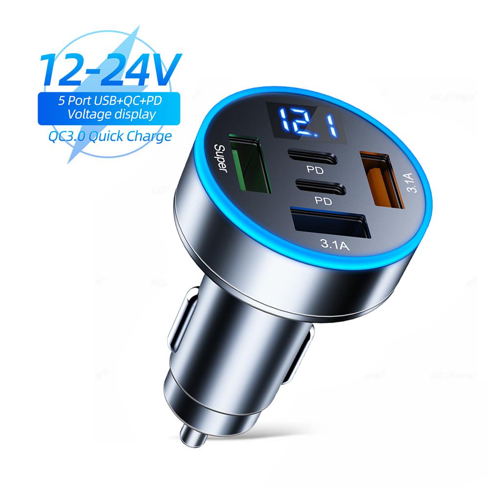 250W Car Charger 5 In 1 Fast Charging Adapter 3USB +2PD QC3.0 Car Phone Charger with Voltage Monitor for Smartphones