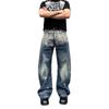 Mens Loose Wide-Leg Jeans American Style Splatter Patchwork Denim Pants Casual Streetwear