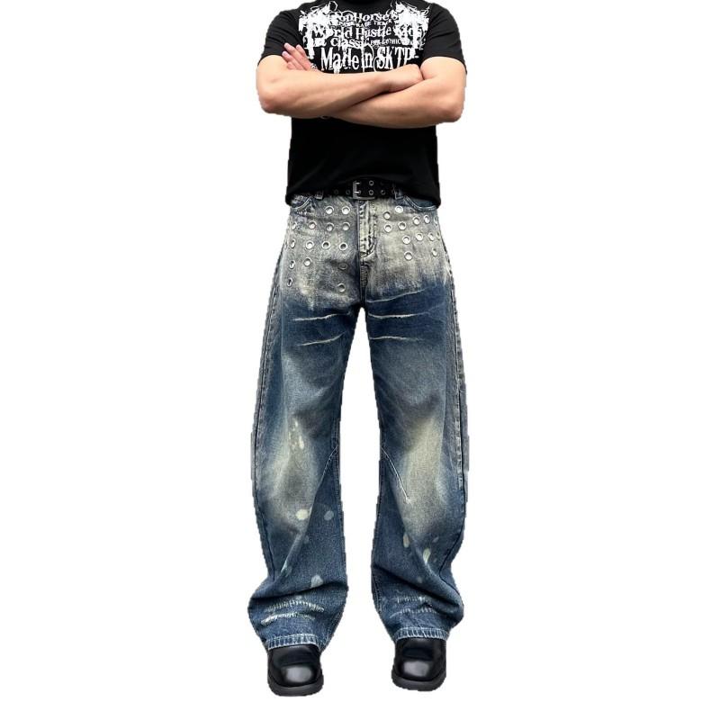 Mens Loose Wide-Leg Jeans American Style Splatter Patchwork Denim Pants Casual Streetwear