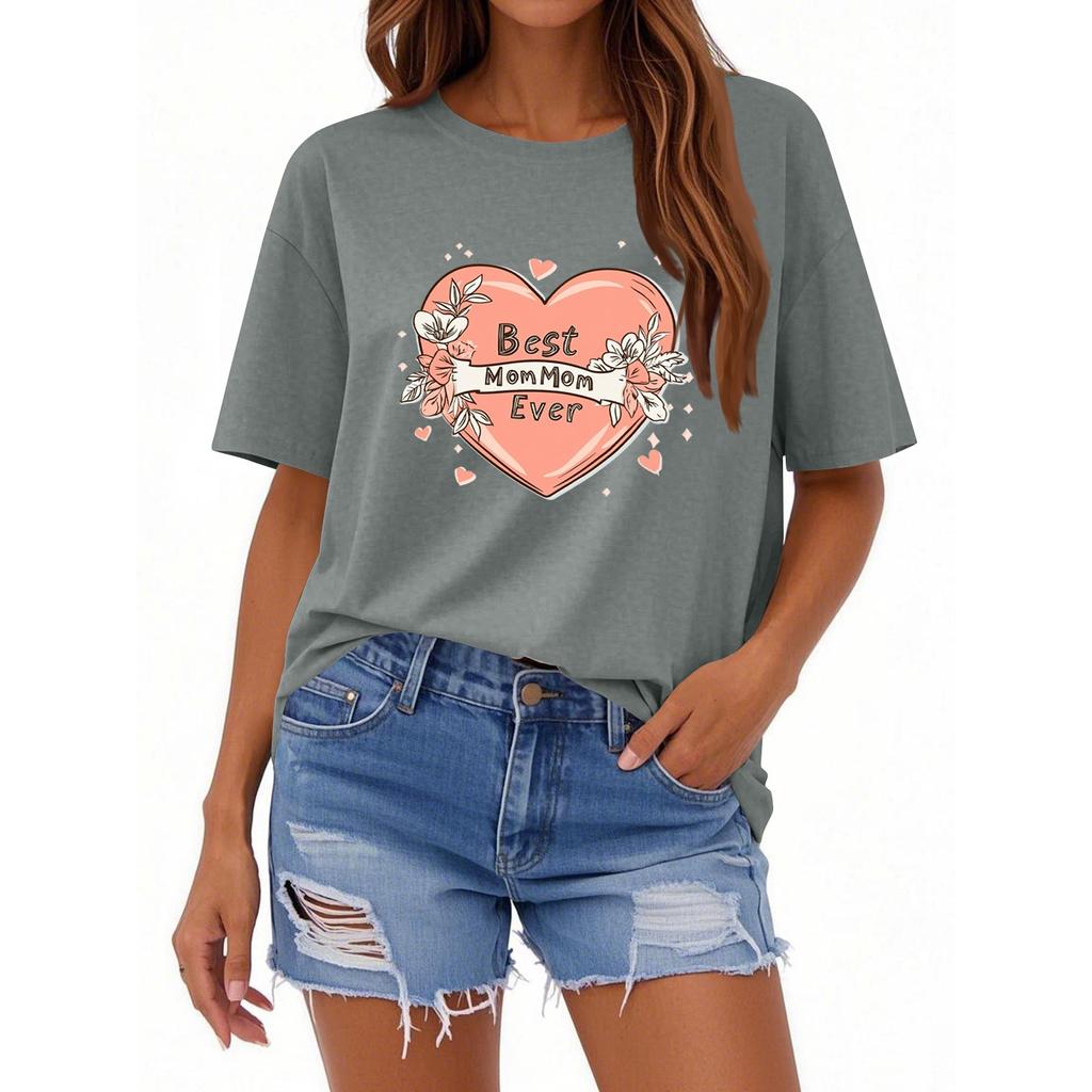 Women's Casual Loose Printed T-shirt Round Neck Pullover Short Sleeved Top