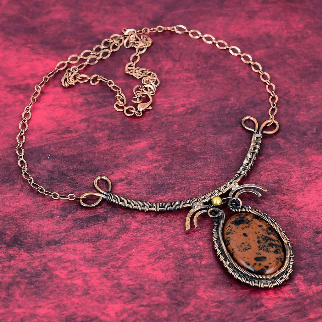 Mahogany obsidian necklace copper wire wrapped necklace gemstone jewelry adjustable chain necklace handmade copper jewelry engagement gifts