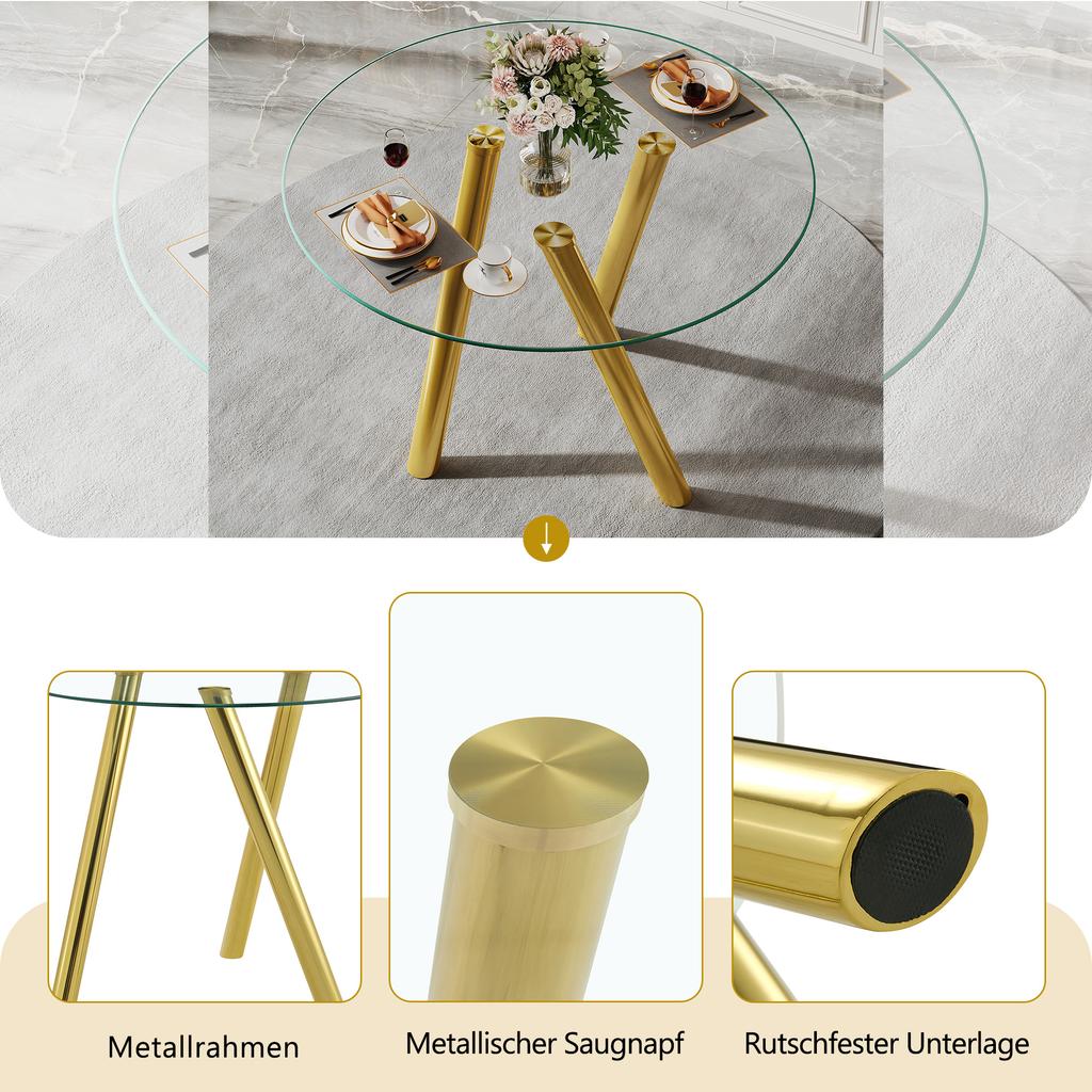 89 cm, Round Dining Table Made of Tempered Glass with Sturdy Gold Metal Legs