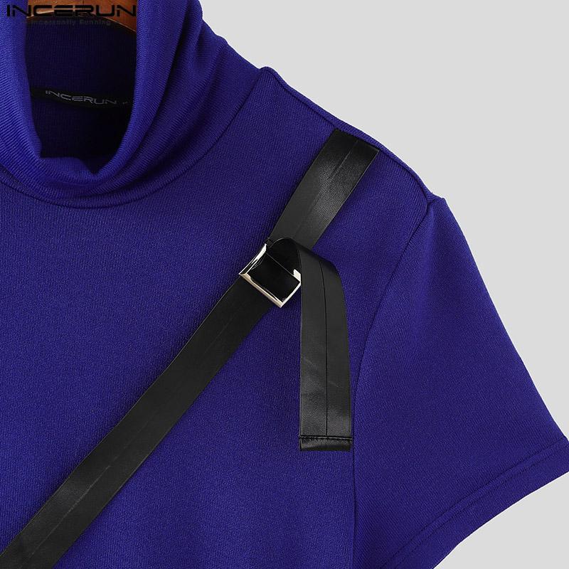 INCERUN Мужская водолазка с коротким рукавом и поясом из искусственной кожи в стиле пэчворк, повседневные облегающие футболки, топы