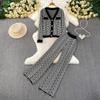 Autumn Winter Women Designer Houndstooth Knitted Sweater Two Piece Trouser Set V-neck Metal Button Cardigans Tops and Elastic Waist Pant Suit