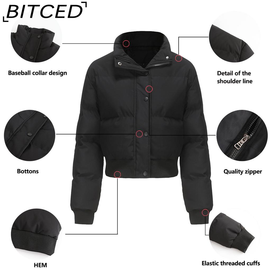 BITCED Autumn/Winter Women's Short-Length Cotton Coat Long-Sleeved High-Neck Thermal Jacket Loose-Fit Casual Cotton Jacket Puffer Coat