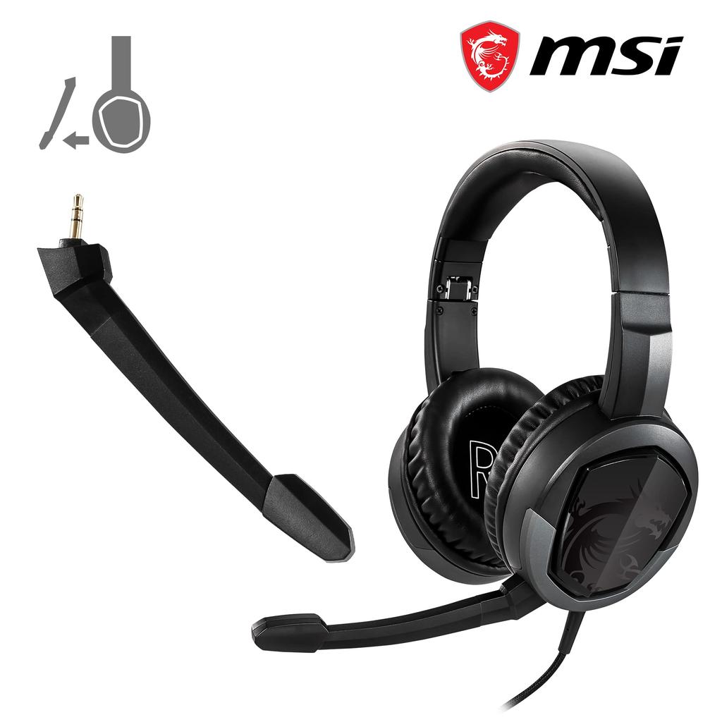 MSI IMMERSE GH30 V2 Gaming with Iconic MSI Dragon Wired Splitter 40mm Detachable and Easy Folding Design Headset, Black, Logo, In-Line Audio,