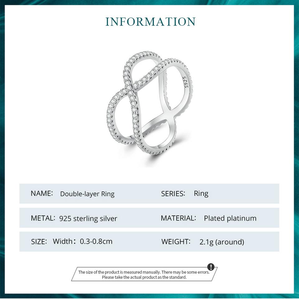 Bisaer Двухслойное кольцо на палец из стерлингового серебра 925 пробы с геометрическим узором для женщин, ювелирные украшения с фианитами в оправе из камня