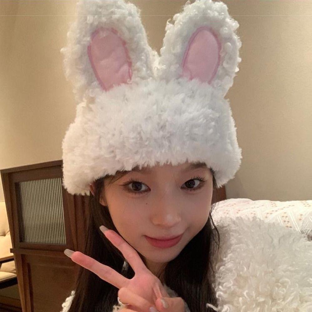 Fluffy Rabbit Ear Beanies Solid Color Winter Outdoor Warm Cap Lightweight Knitted Plush Hat Women