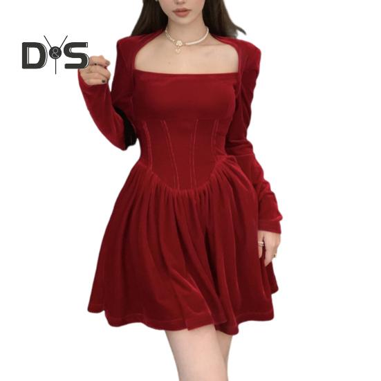 Women Dress Square Neck Pleated A-line Long Sleeves Pleated Slim Waist Velvet Mini Dress Prom Banquet Party Short Dress Fall Spring Princess Dress
