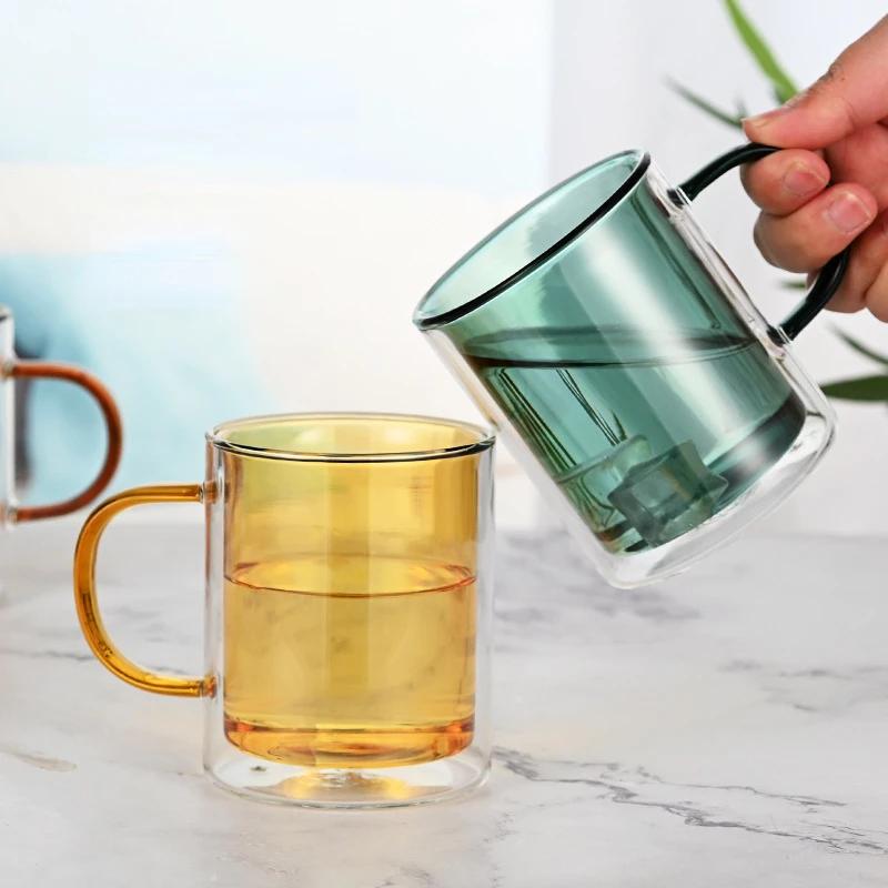 Colored Glass Coffee Mug Double-layer Mugs Coffee Cups Thermal Insulation Drinkware Cup Glassware Kitchen Dining Bar Home Garden