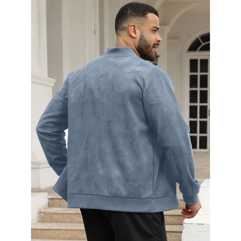 Men's Suede Solid Zip Stand Collar Casual Sports Jacket Stretch Top.