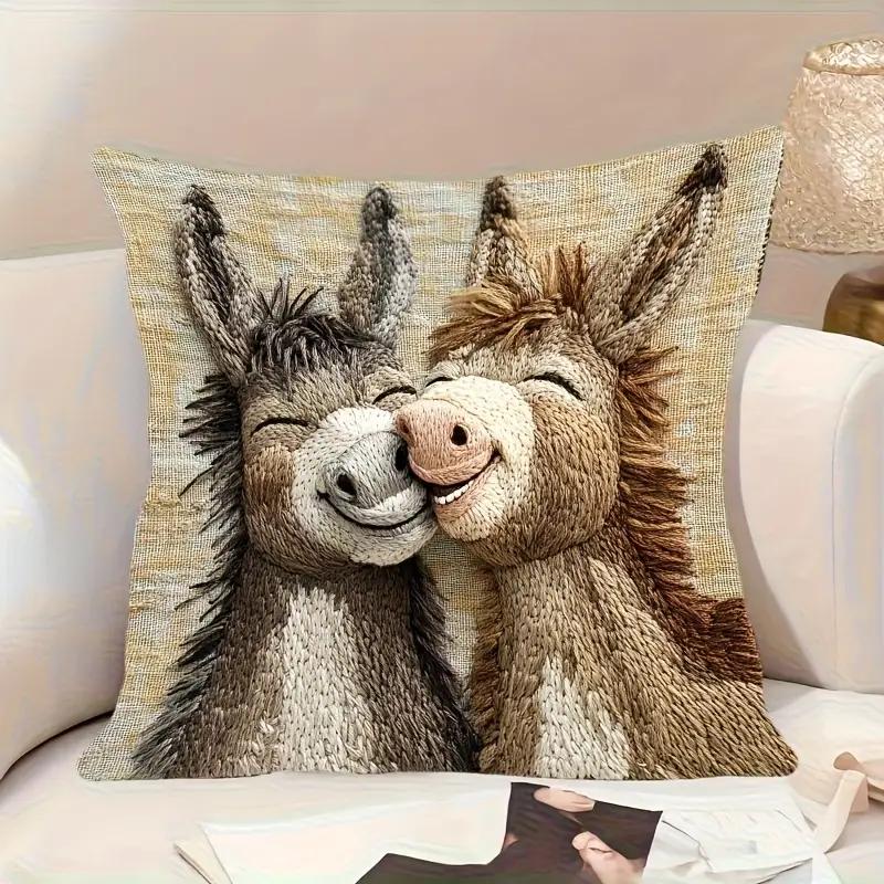 Cute Cartoon Donkey Kiss Pillow Cover with Zipper Closure In Soft Beige