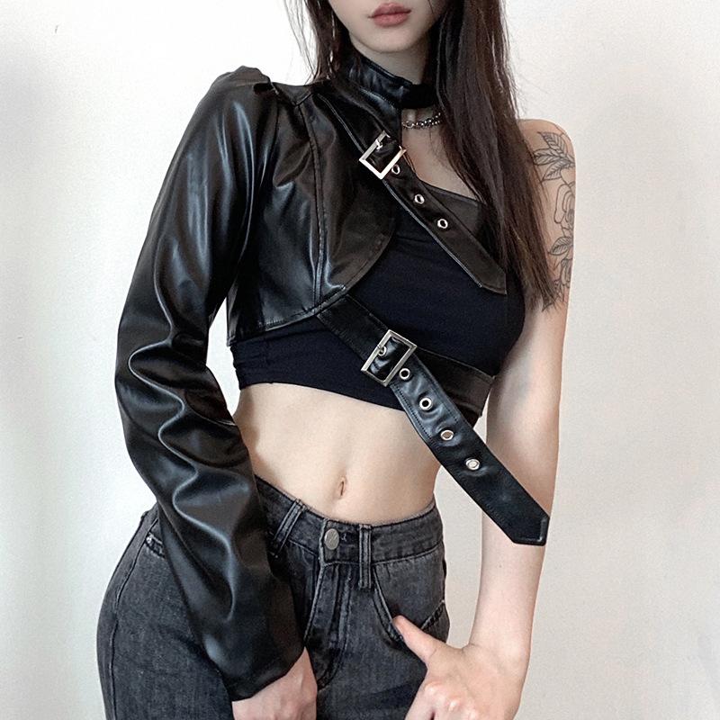 European and American Women Irregular Metal Buckle Hanging Neck PU Leather Unilateral Sleeve Leather Jacket