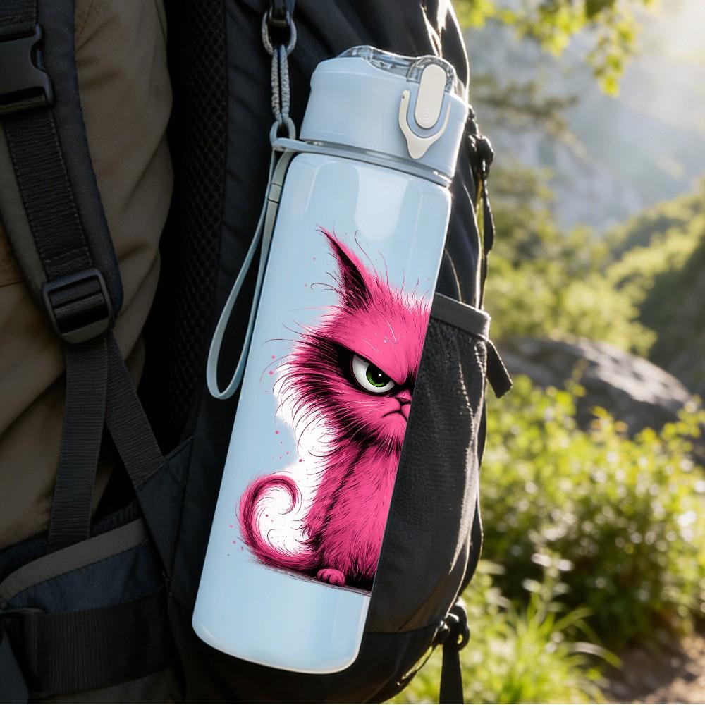 1PC Angry Pink Cat Cartoon Character Print 750ml Color Plastic Sports Water Bottle Leakproof Flip Straw Lid Suitable for Sports Office Home Use