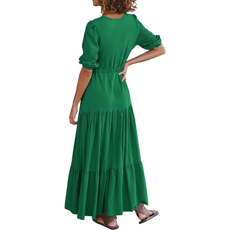 YYFS Women's Fashion Summer Spring Solid Color Print Short Sleeve V-Neck High Waist Casual Dresses