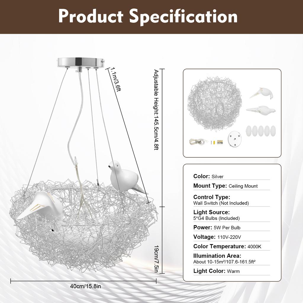 Люстра 'Птичье гнездо' 5-ламповый потолочный светильник с G4 светодиодными лампами, регулируемая высота для гостиной, столовой, спальни, внутреннее освещение
