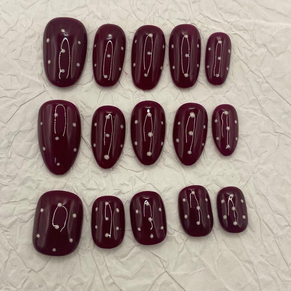 Handmade Press On Nail Simple French Solid Wine Red Gloss Polka Point Short Fake Nail Patch Artificial Nail Reusable