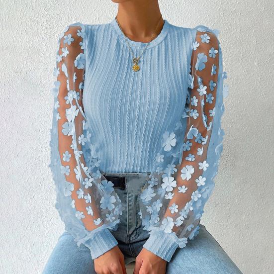 Women Spring Summer Pullover Tops O-neck Flower Decor Mesh Sleeve Chiffon Tops Solid Color Slim Fit Breathable Blouse
