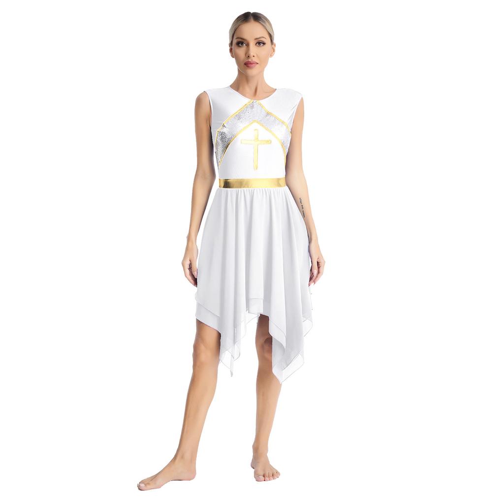Sparkling Cross Sequin Stage Dress S-XXL: Women’s Worship Dance Costume with Metallic Shine, Color Block & Irregular Hem