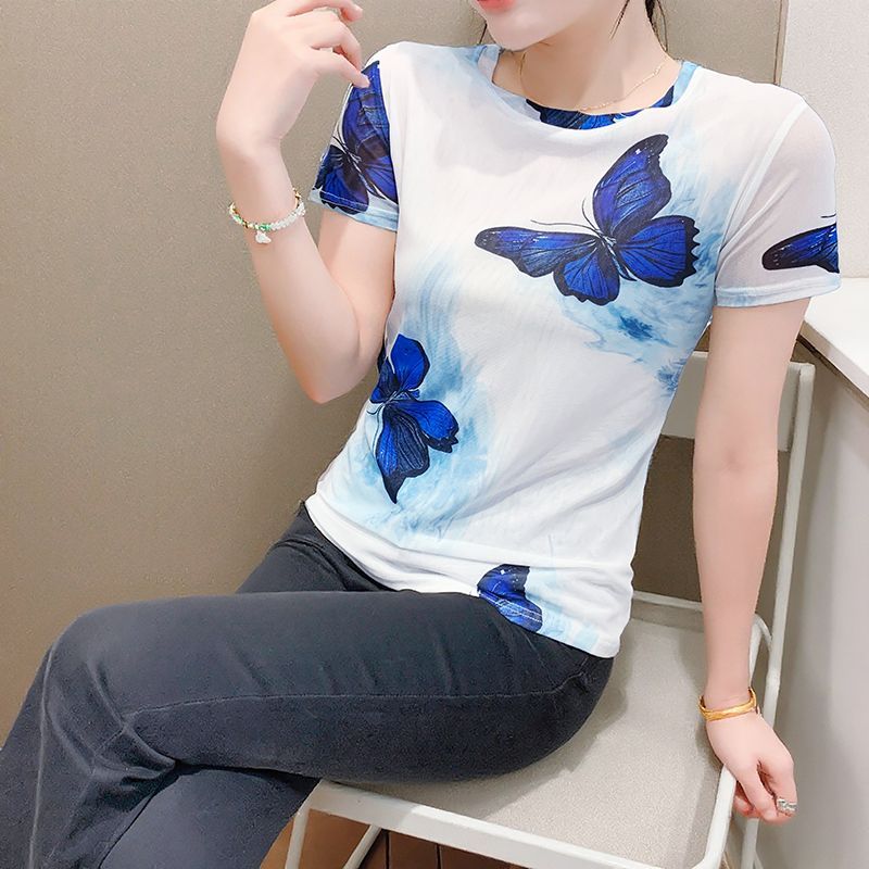 Western Butterfly Print Short Sleeved Women's Fashionable Ice Silk Mesh Top Slim Fit Versatile T-shirt