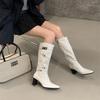 White Thick Heel High Heel Boots Women's European and American Patent Leather Thick Heel Square Head Belt Buckle Knight Boots But Knee Fashion Boots