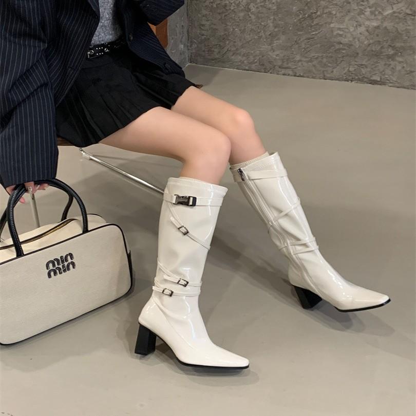 White Thick Heel High Heel Boots Women's European and American Patent Leather Thick Heel Square Head Belt Buckle Knight Boots But Knee Fashion Boots