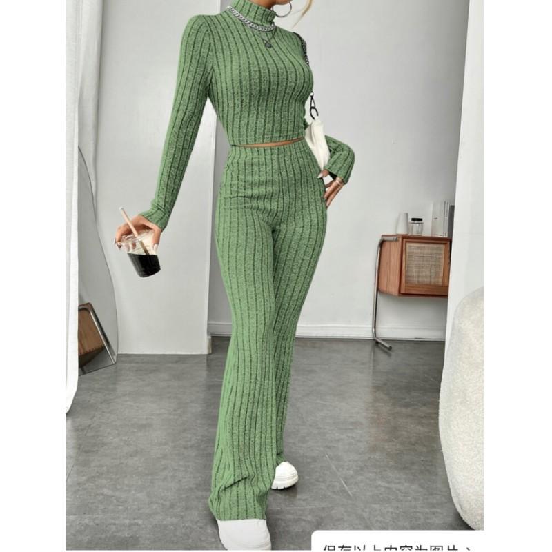 Women's Autumn and Winter Solid Color Knit Set, Long-sleeved High-neck Shirt + Wide-leg High-waisted Pants, Two-piece Set