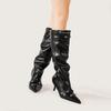 Осень Зима Лакированная кожа Клепки Женские Сапоги до колена Высокие каблуки Острый носок Средний каблук Винтаж Мотоциклетные Панк Длинные Сапоги Обувь
