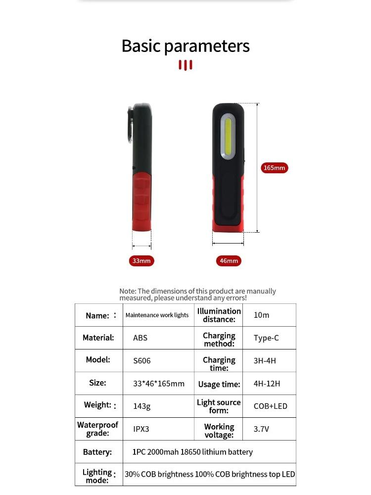 Portable USB Rechargeable Work Light Magnetic COB LED Flashlight Hanging Lamp with Built-in Battery Camping Torch