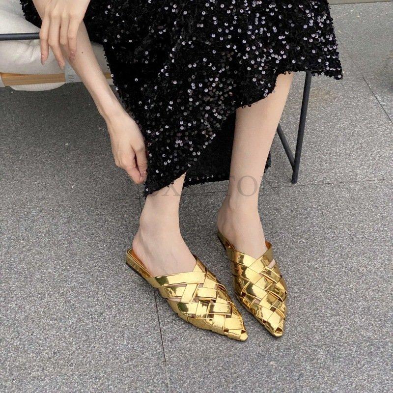 Модные женские тапочки-мюли, летние роскошные плетеные туфли с острым носком, женские туфли на плоской подошве, шлепанцы, женские тапочки, сандалии