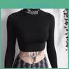 Bodycon Women Long Sleeve Black Crop Tops Gothic Harajuku Letter Embroidery Vintage Solid Tops Female Casual Basic Tops