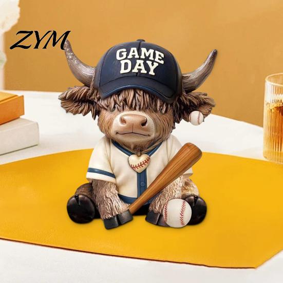 Unique Desk Accessories 2Pcs Baseball Bull Figurines, Creative Resin Animal Statue for Shelf, Sports Room Decoration Home Office Decor, Gift Fans And