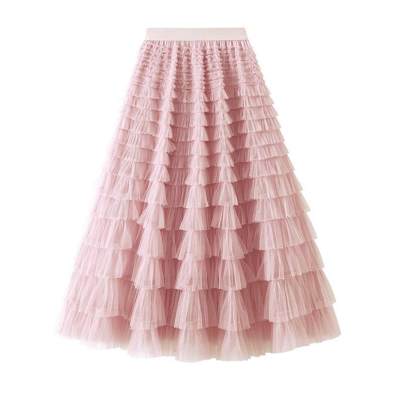 Spring and Autumn Women's Mesh Cake Halter Skirt Women's Skirt Fairy Saree Pleated Long Skirt