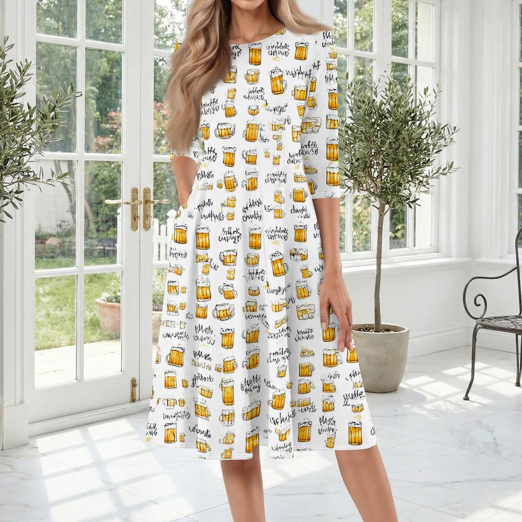 Casual Mid-Length Dress with Round Neck and Three-Quarter Sleeves Featuring Beer Glass Print Suitable for Everyday Wear and Events