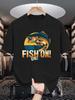 Unisex Navy Blue Tee Vintage Fishing Bass Fish Letter Graphic Print Crew Neck Short Sleeve Summer Casual Male Cotton Street Top