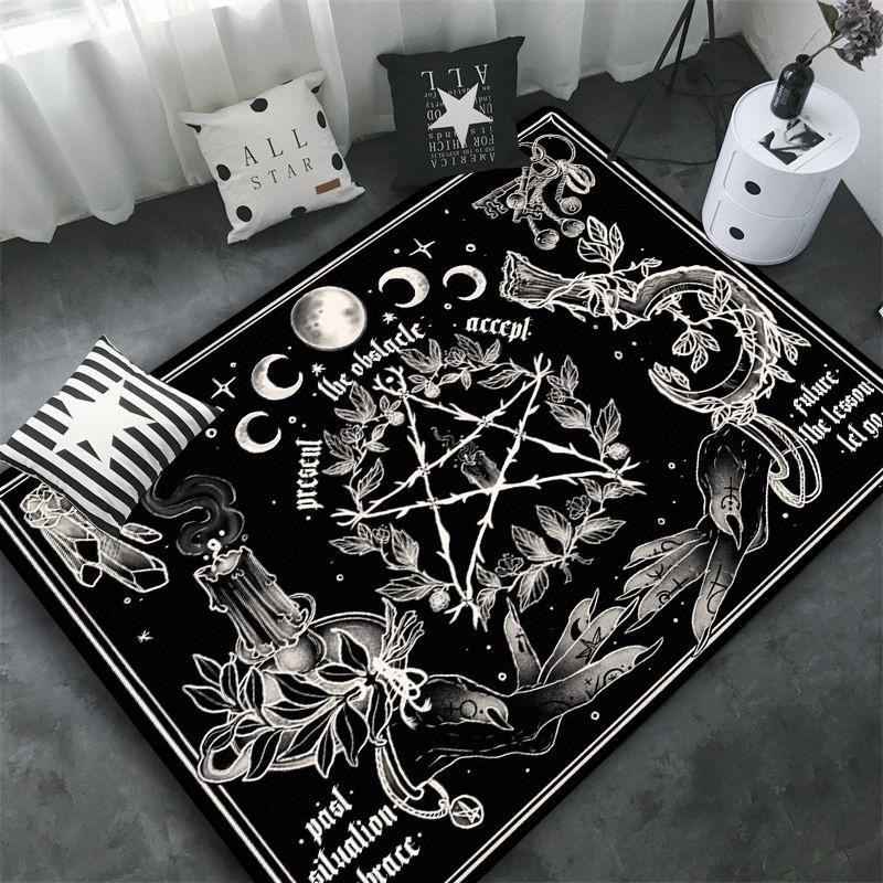 Triple Moon and Pentagram Altar or Tarot Witchy Floor Mat Black Witch Rug Gothic Decor phases Divination Runic carpet