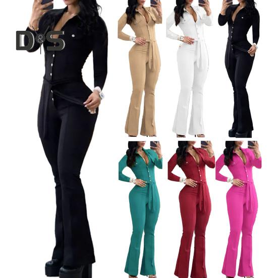 Women Fall Spring Jumpsuit Lapel Half Single-breasted Solid Color Long Sleeve Slim Fit Flared Cuff Low-cut Belted High Waist Elastic Lady Long