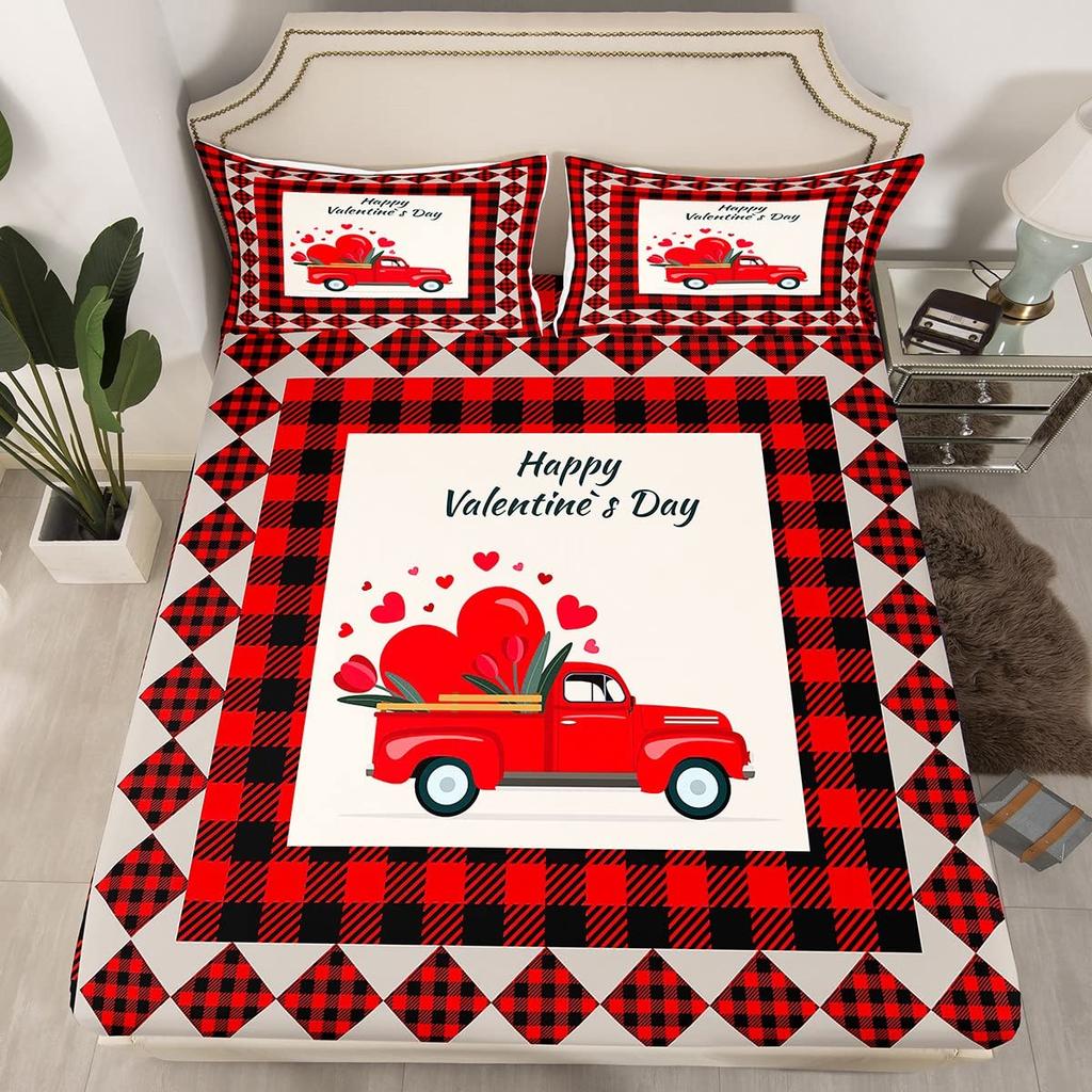 Комплект пододеяльника на День святого Валентина размера кинг, Постельное белье с красным грузовиком, сердцем и деревом, Пододеяльник с розовыми цветами и прицепом, Романтические подарки