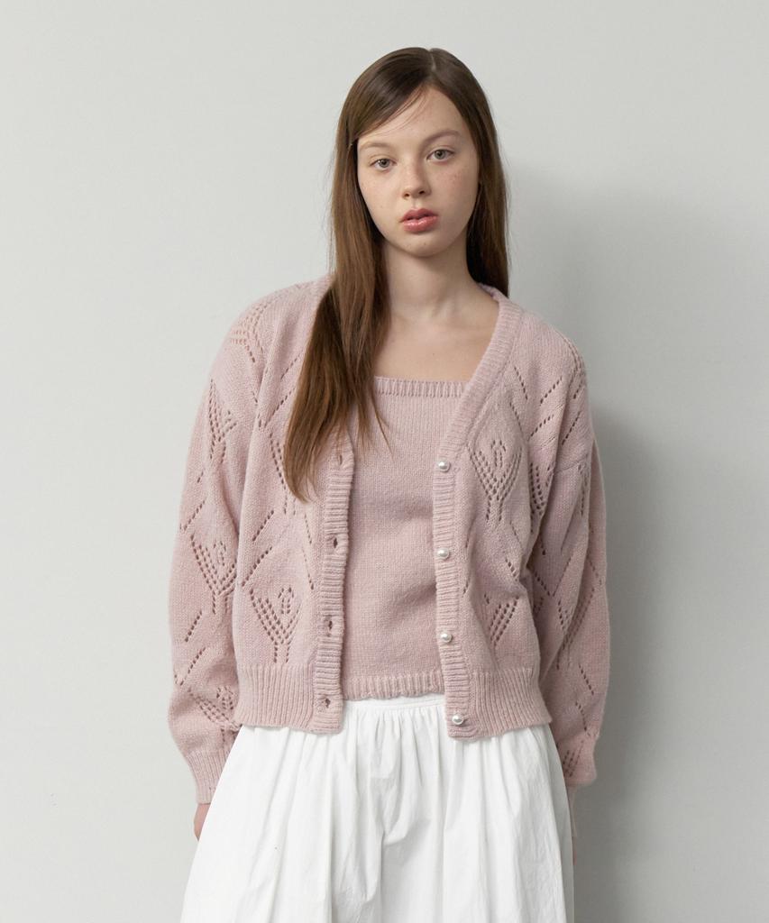 CLUNY [Set] Stitch Lace Pointelle Knit Cardigan - Indi Pink