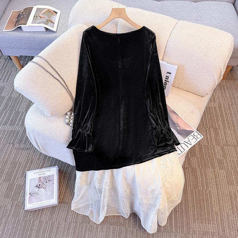 Черное приталенное велюровое платье большого размера для женщин с ретро-вставками из сетки. Весенне-осенний стиль.