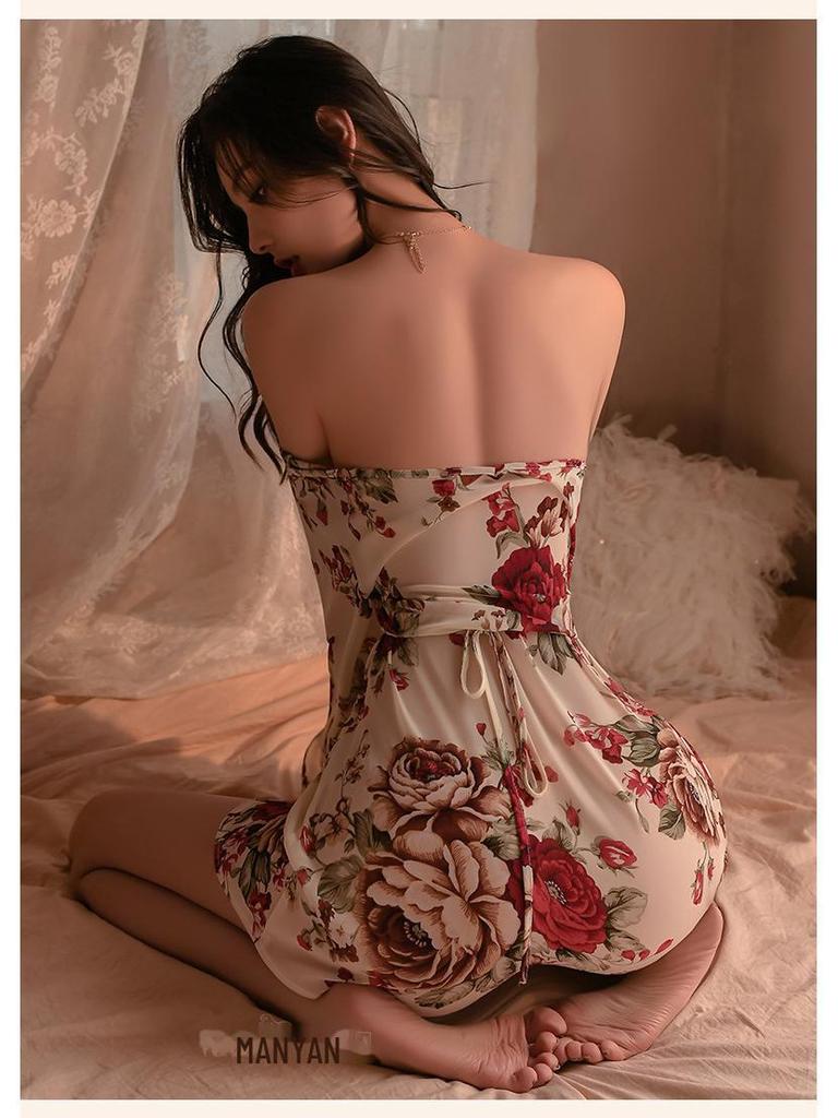 Manyan Sexy Lingerie: Deep V Silky Kimono & See-Through Floral Nightdress Set