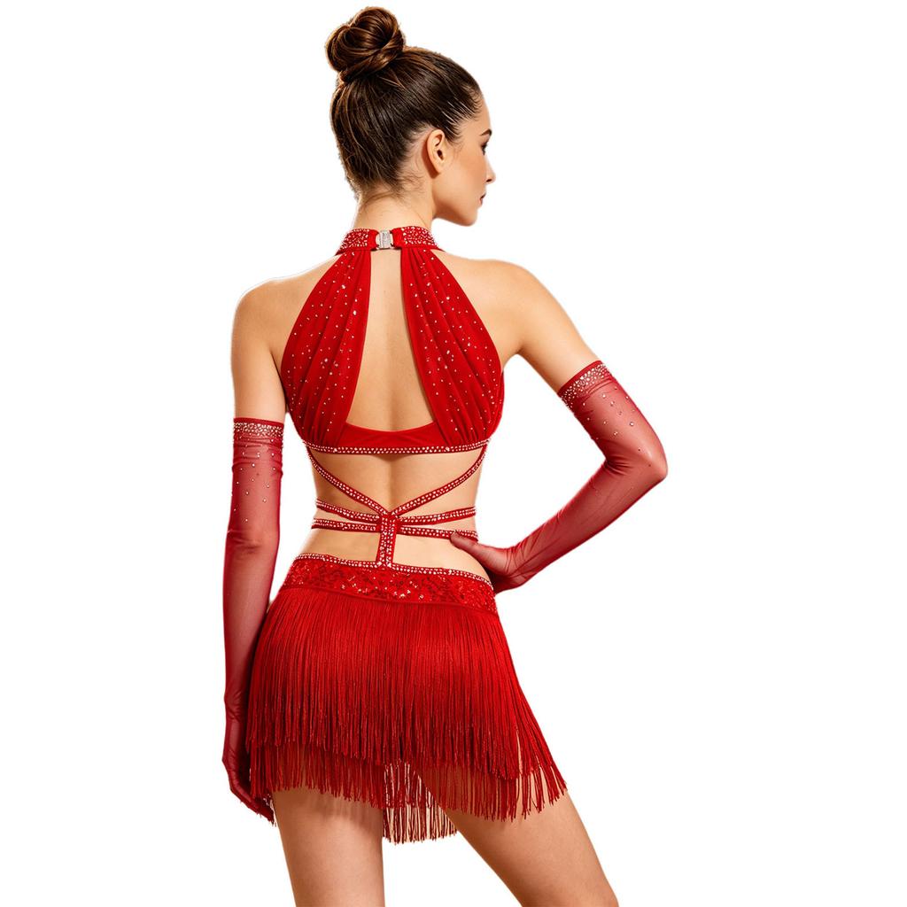 Women Latin Dance Fringed Dress Cutout Sleeveless Strappy Waist Tassel Hem Sequined Dress with Long Gloves
