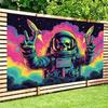 2D Neon Astronaut Background, Peace Sign Skull Spaceman & Cosmic Clouds Backdrop