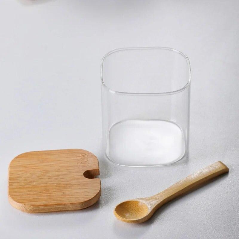 3pcs Set Glass Seasoning Jars with Bamboo Lid Spoon and Storage Tray Salt Sugar Spices Food Storage Container Kitchen Oraganizer