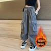 Girls' Autumn/Winter Velvet Cargo Sweatpants with Big Pockets - Trendy and Warm Style