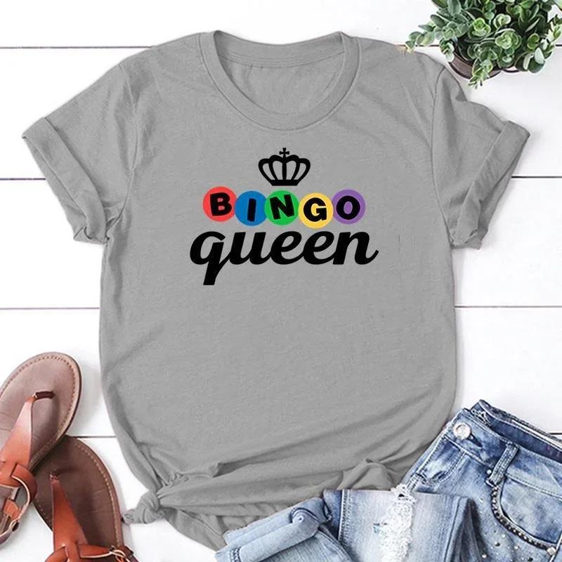Summer Short Sleeved Harajuku Streetwear Women New Bingo Queen Print Casual Round Neck Aesthetic Clothes